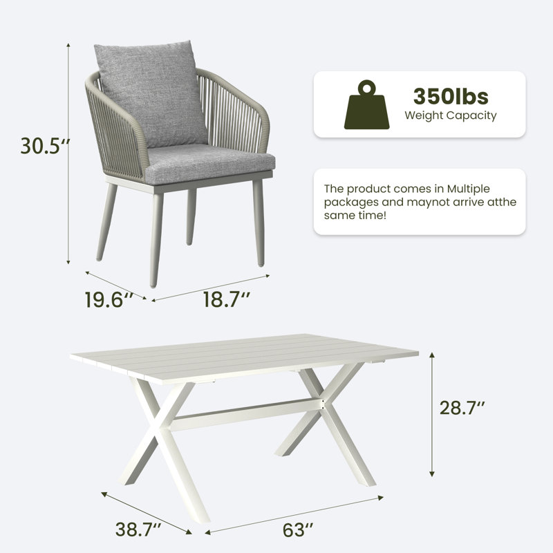 Ensemble de salle à manger d'extérieur 10 pièces avec table rectangulaire en aluminium et chaises en tissu, Gris clair, Blanc