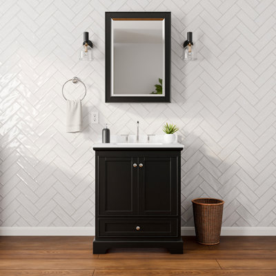 Meuble-lavabo simple 30 po Deborah en espresso foncé, comptoir en marbre de culture de Carrare, lavabo carré encastré (3 trous), garniture en chrome poli, armoire à pharmacie