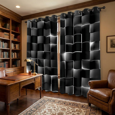2Pcs 3D Geometric Cubes Black and White Curtains, Modern Abstract Illusion Print Grommet Drapes, Light-Filtering Window Treatment for Living Room Bedroom Home Decor