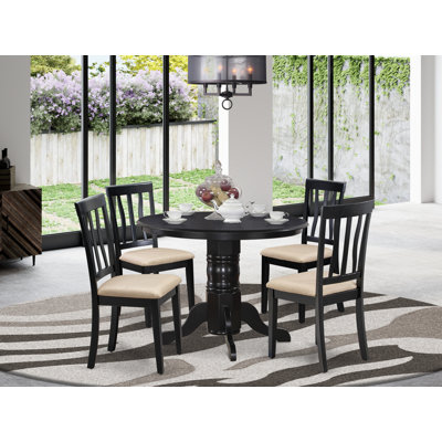 5 Piece Kitchen Table & Chairs Set Includes a Round Dining Room Table with Pedestal and 4 Linen Fabric Chairs, Black
