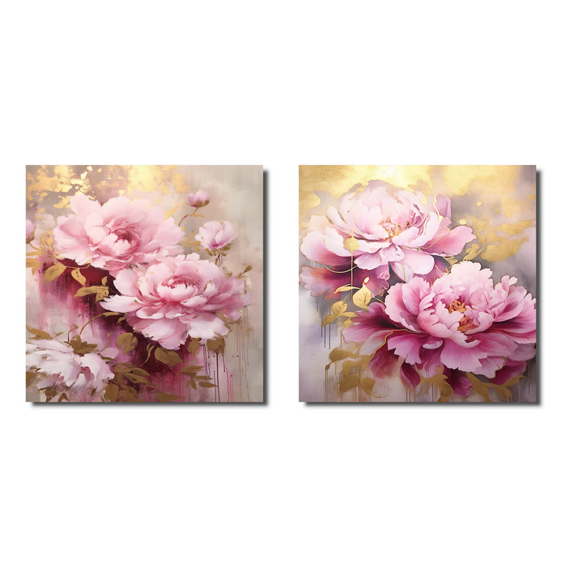 Pivoines roses et dorées dans un éclat - ensemble de 2 pivoines carrées, H 30 po x l 61 po, Toile tendue
