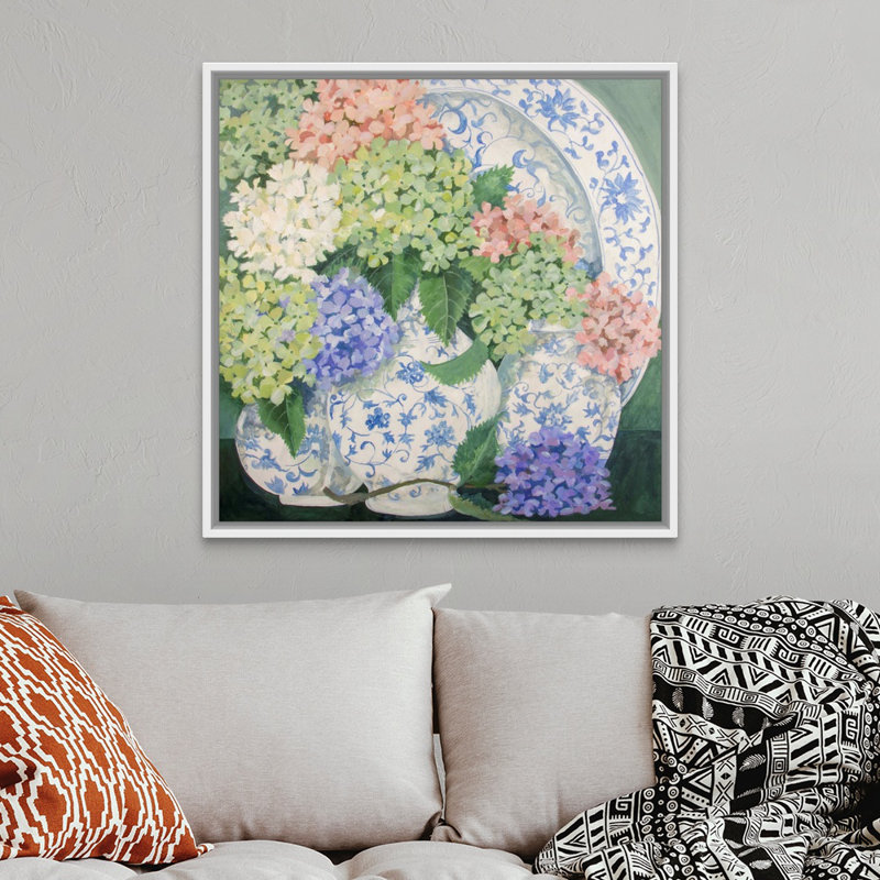 Hortensias - imprimé, Cadre flottant blanc, H 38 po x l 38 po x P 1,75 po
