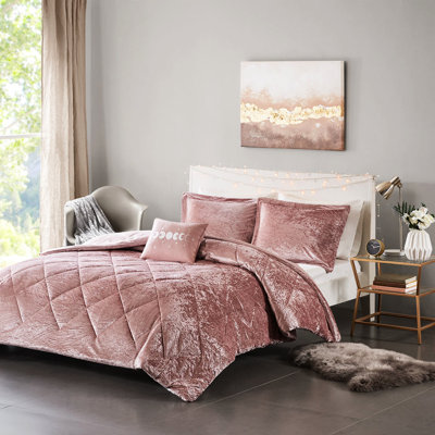 Literie en velours rose poudré pour lit simple/simple XL - Motif diamant - Comprend une couette et un oreiller lavables à la machine. Convient aux lits nécessitant un lavage et un repassage faciles.