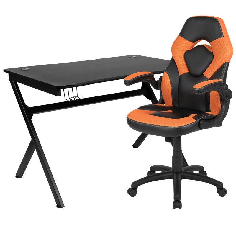 Ensemble de bureau de jeu et chaise de course Bridesdale avec porte-gobelet, crochet pour casque et 2 trous de gestion des fils