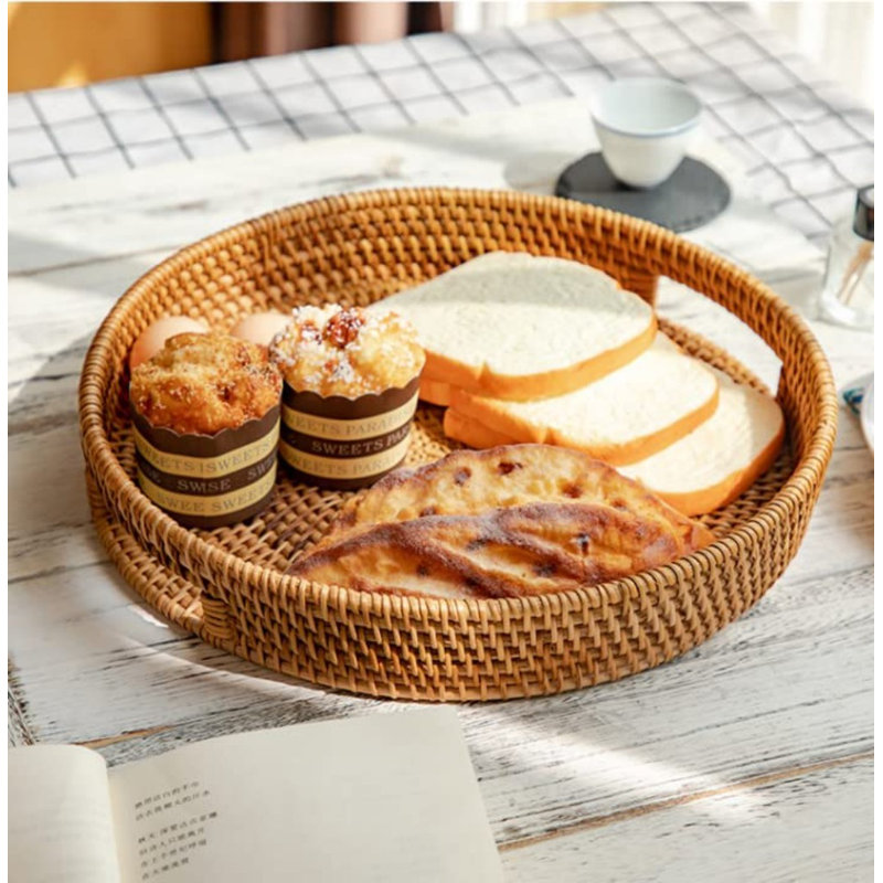 Plateau rond en rotin, plateaux décoratifs pour table basse, plateau repose-pieds, plateau de service tissé avec poignées, panier de service en osier