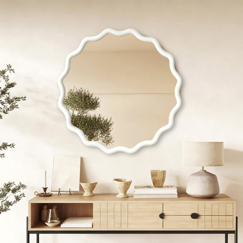 Miroir décoratif rond blanc en bois massif ondulé de 36 pouces, pour chambre à coucher, salle de bain, salon, entrée