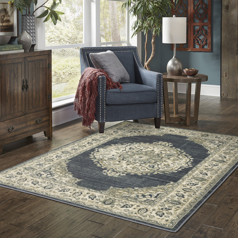 Tapis bleu sarcelle / ivoire Enette Traditional, Rectangle 1 pi 10 po x 3 pi 3 po