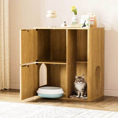 Wood Cat Litter Enclosure With Tree, Dual Doors, And Feline Well - Being For Bedroom Cabinet Featuring Storage, A Cozy Resting Space