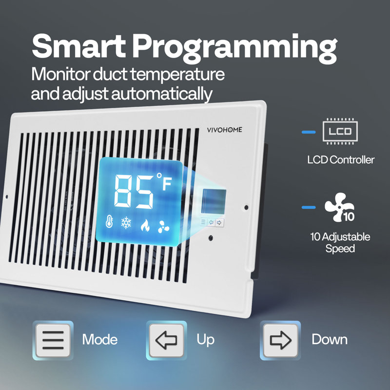 Quiet Register Booster Fan with Intelligent Thermostat, 7.5" H x 2.1" W x 13.8" D