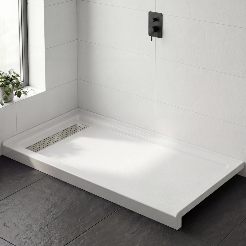 60” x 32” Acrylic Shower Pan Base with Glossy Finish & Stainless Steel Linear Drain Cover, Left Drain, Brushed Nickel