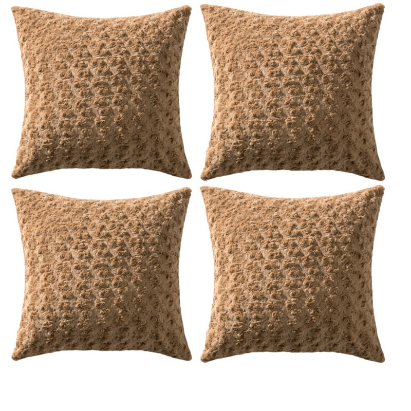 Ensemble de 4 housses de coussin en fausse fourrure de lapin (housse seulement), H 16 po x l 16 po, Brun, Carré
