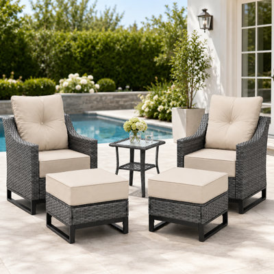 5 Piece Patio Wicker Chair Set With Ottomans And Side Table, Outdoor Pe Rattan Conversation Set With 6" Thick Olefin Cushions, Gray Wicker Bistro Furniture Set For Porch, Backyard, Garden, Balcony, Beige