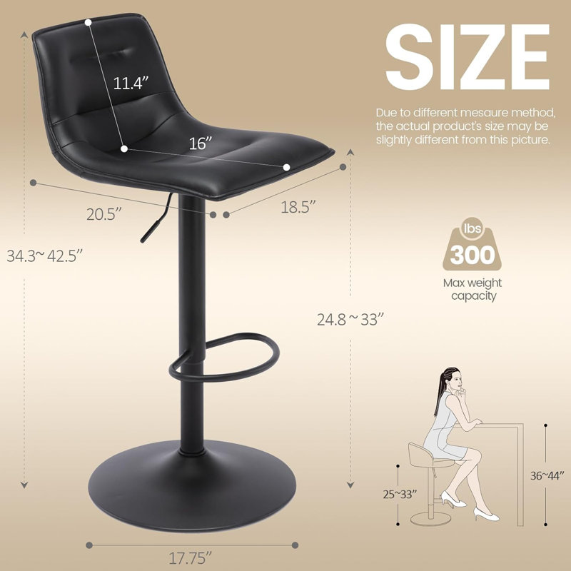 Tabouret de bar réglable, tabouret de bar pivotant à hauteur de comptoir en cuir PU moderne avec dossier, Noir