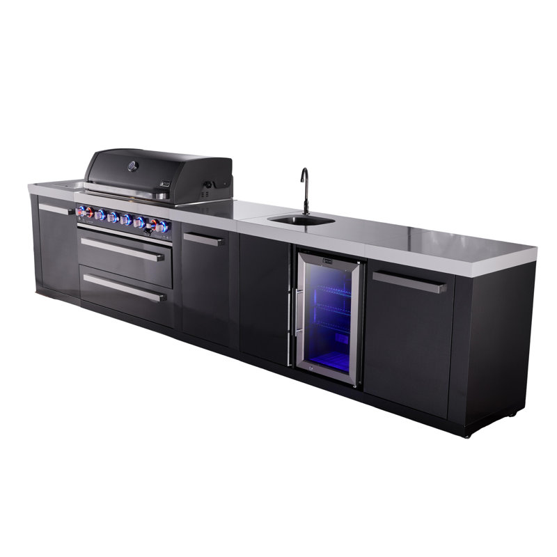 Mont Alpi Mai805-bssbev-exc 6-burner 115000 Btu Black Stainless Steel Island Outdoor Kitchen Bbq Gas Grill + Beverage Center Faucet & Sink + Granite Countertops + 25" Right Extra Storage Cabinet