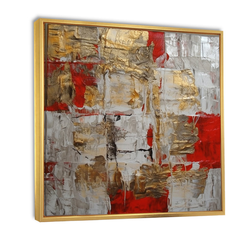 Cardinal Sin Retro Delight, abstrait rouge et or I - Art mural abstrait, H 16 po x l 16 po x P 1 po, Cadre flottant doré