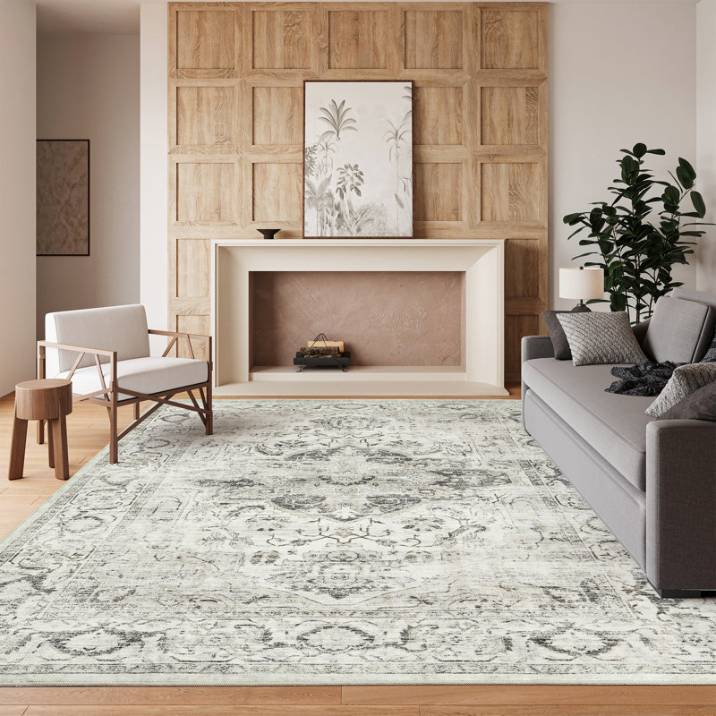 Vintage Stain Resistant Anti-Slip Washable Rug for Living Room Bedroom(Ivory/Grey), Rectangle 8' x 10'