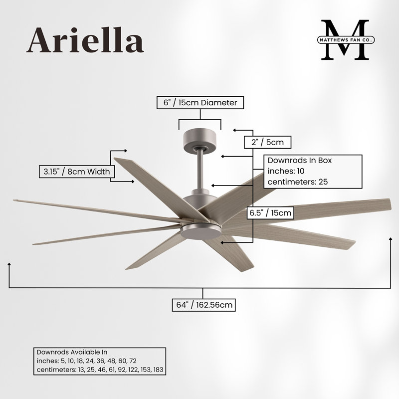 Ariella - Eight Blade Ceiling Fan - Brushed Brass Finish - Matte Black Blades, Gray Ash Tone, Brushed Nickel