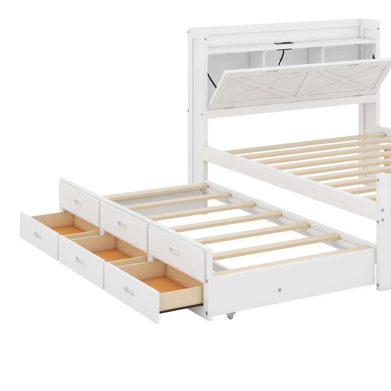 Lit double en bois avec lit gigogne simple et trois tiroirs de rangement, Blanc