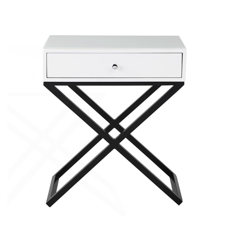 Side Table, Nightstand With Glass Top, Drawer And Metal Cross Base, Bed Side Table, White