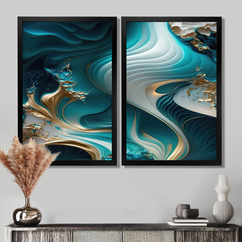 «Abstract Geode Turquoise - Abstract Marble Wall Art Decor», reproduction sur toile abstraite turquoise 2 pièces, Noir