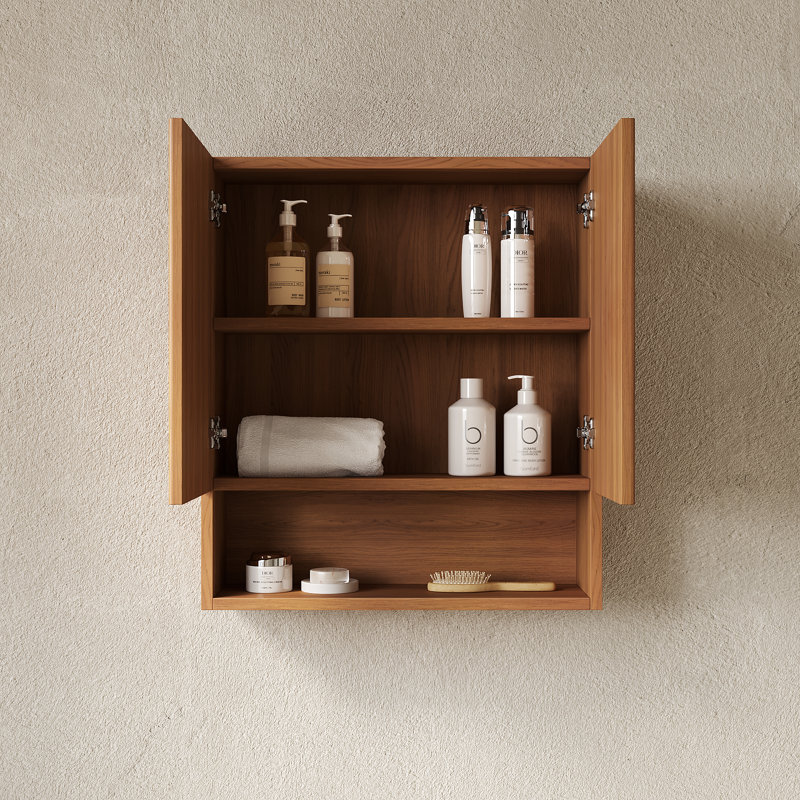 Charlot 26" Wall-Mounted Striped Bathroom Storage Cabinet with Doors, Shelf & Open Compartment, Brown Oak