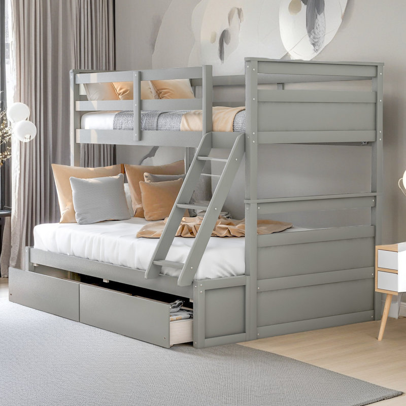 Lit simple superposé au dessus d'un lit double avec rangement, Gris