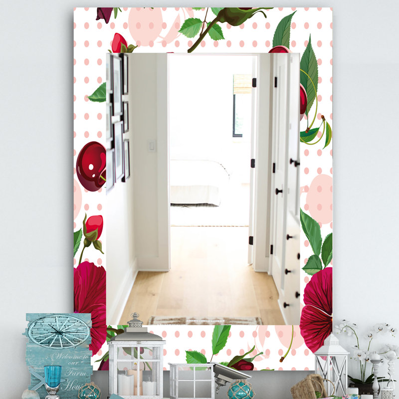 Pensées cerises et roses sur miroir mural à pointillés, H 39,4 po x l 29,5 po