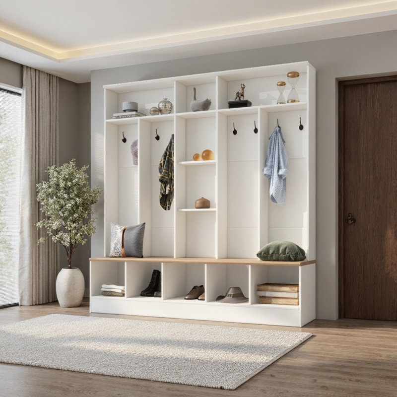 Arbre d'entrée minimaliste avec rangement cubique et banc - Organisateur de hall d'entrée avec 8 crochets et armoire à chaussures