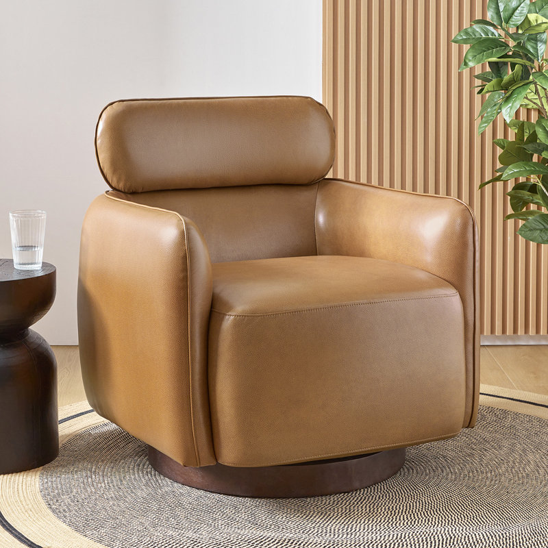 Mahvish Genuine Leather Swivel Rocker Barrel Chair With Adjustable Headrest, Camel