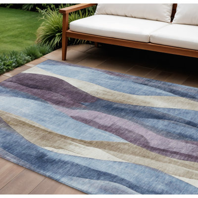 9' X 12' Denim Blue And Purple Abstract Washable Indoor Outdoor Area Rug