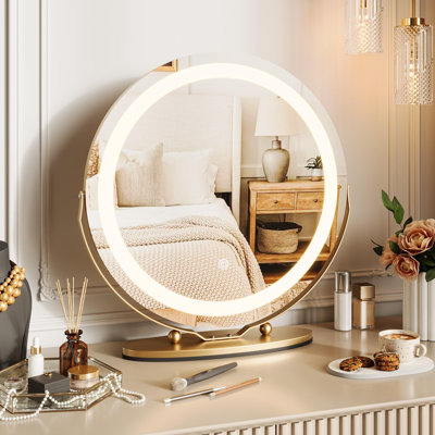 Round Vanity Mirror with Lights, Large Makeup Mirror with 3 Color Lighting Dimmable, Smart Touch Control, 360°Rotation Vanity Mirror, (Gold)