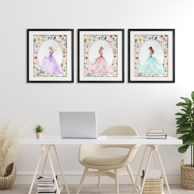 Princess Love Pearls & Florals 3pc Framed Print Under Glass Set, design by Christine Simpson Art, 21" H x 17" W