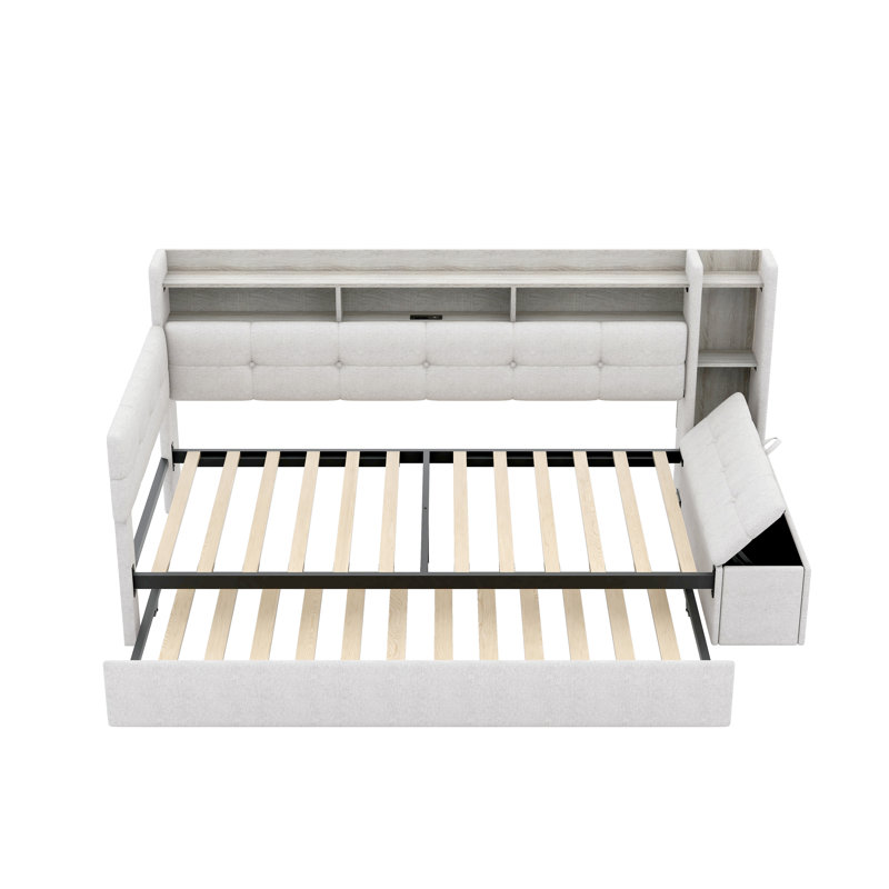 Twin Size Upholstered Daybed with Trundle, Storage Footstool, Shelves, USB Charging & LED Light, Grey, Twin, Beige