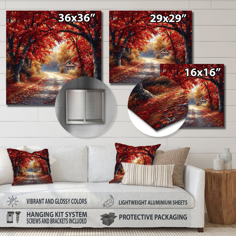 Red Autumn Road Coming Home - Art mural arbre, Sans cadre, métal, H 30 po x l 30 po