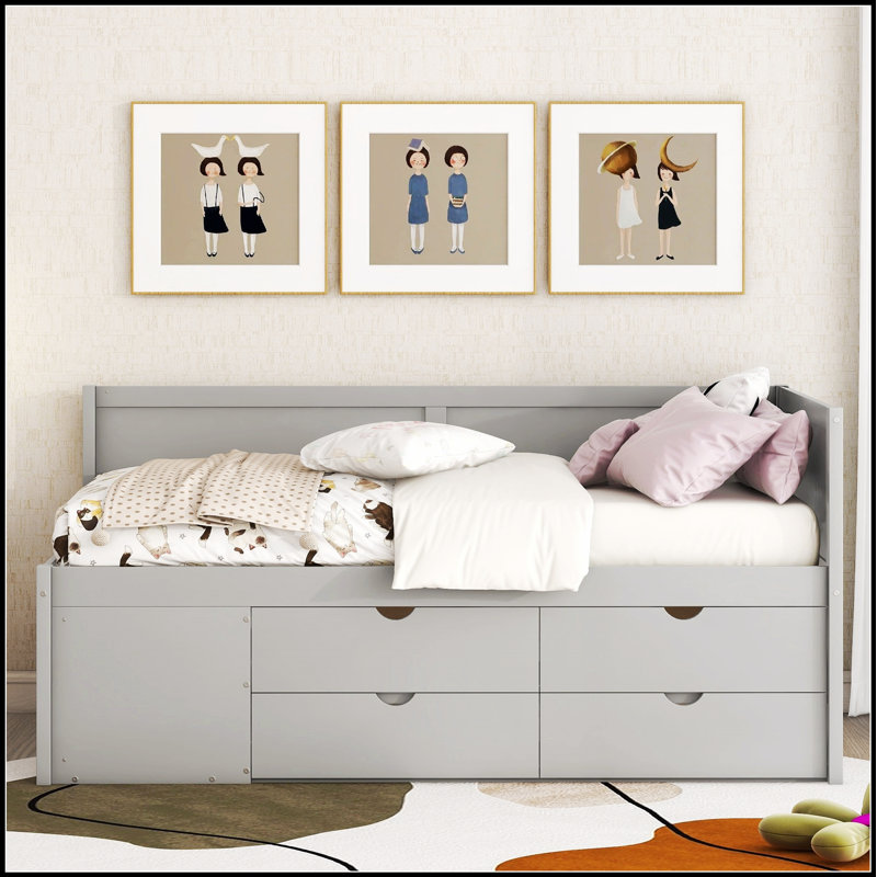 Lit de jour polyvalent avec tiroirs et tablettes, parfait pour le rangement et pour économiser de l'espace dans toute maison moderne
