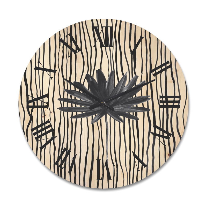 Horloge murale à feuilles tropicales sur bois rayé III, Très grand