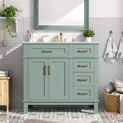 Meuble-lavabo moderne avec lavabo en céramique, porte à fermeture en douceur et 4 tiroirs de rangement, offrant un look raffiné avec une fonctionnalité pratique au quotidien