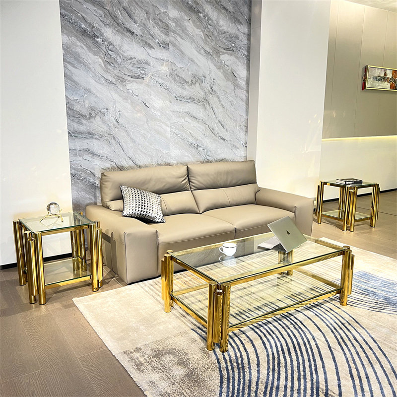 Ensemble de table basse moderne en acier inoxydable (ensemble de 3), plateau de table en verre trempé transparent double couche, table basse et deux tables de bout 3 pièces pour le bureau à domicile