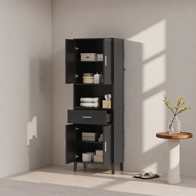 High Freestanding Tall Bathroom Cabinet With A Drawer, 2 Cabinets, 4 Soft-Close Doors, 2 Adjustable Shelves, Open Storage, For Bathroom, Living Room, Laundry Room