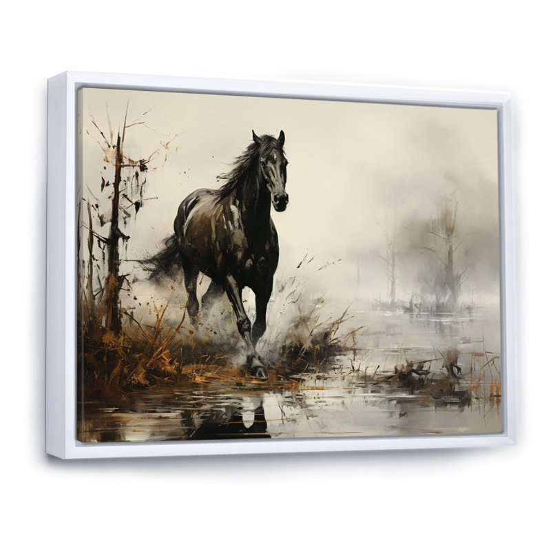 «Grey Horse Misty Morning Canter II», art mural cheval, H 16 po x l 32 po x P 1 po, Cadre flottant blanc