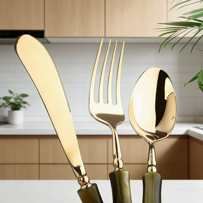 Ensemble de couverts 20 pièces en acier inoxydable 304 plaqué or de qualité supérieure avec motif en bambou acrylique pour le bifteck et la gastronomie