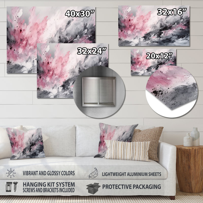 Evolving in Pink Grey Gray Ink I - Décoration murale géométrique moderne en métal, H 16 po x l 32 po
