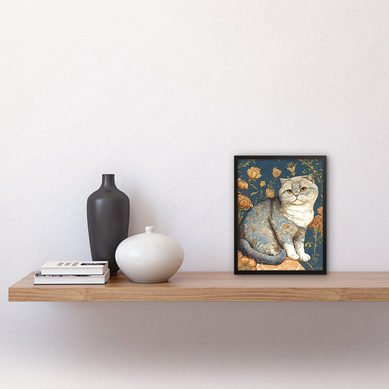 Cute Cat With Floral Pattern Fur And Autumn Flower Blooms Nouveau Modern - Single Picture Frame Print