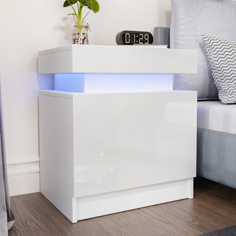 Table de chevet 2 tiroirs avec lumière DEL contrôlée par l'application et finition ultrabrillante, Blanc