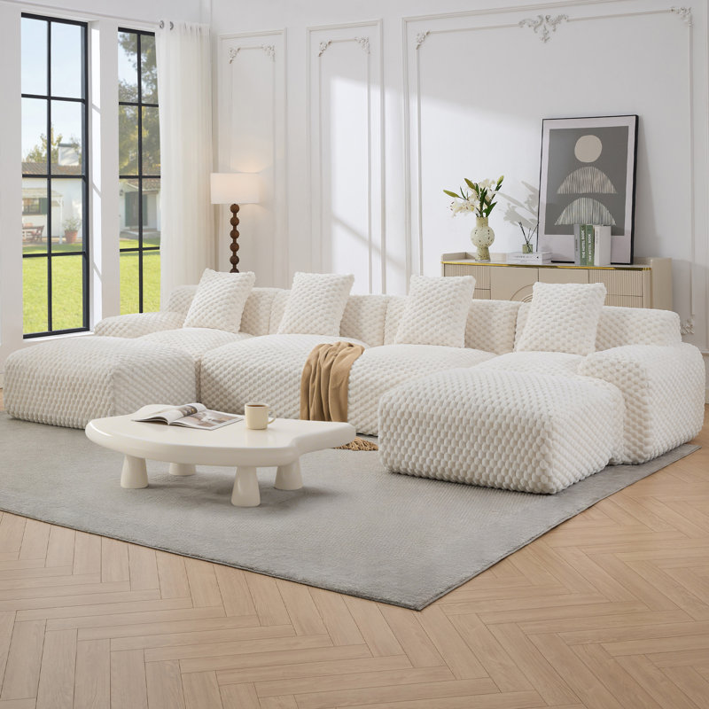 Canapé modulaire moderne en velours côtelé avec repose-pieds, aucun assemblage requis, modulaire pour le salon, Blanc blanc