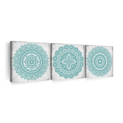 Ensemble de 3 mandalas vertes sur toile