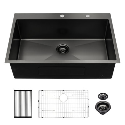 Évier de cuisine 76 x 56 cm (30 x 22 pouces), acier inoxydable noir canon de fusil, calibre 16, à encastrer, matériaux durables, surface lisse pour un nettoyage facile, bonde incluse