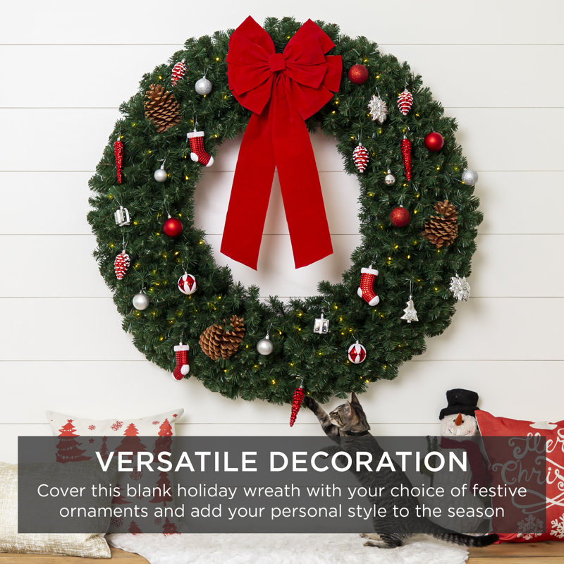 Artificial Pre-Lit Fir Christmas Wreath Decoration w/ LED Lights, 930 Tips, Power Plug-In, 10" H x 60" W x 60" D