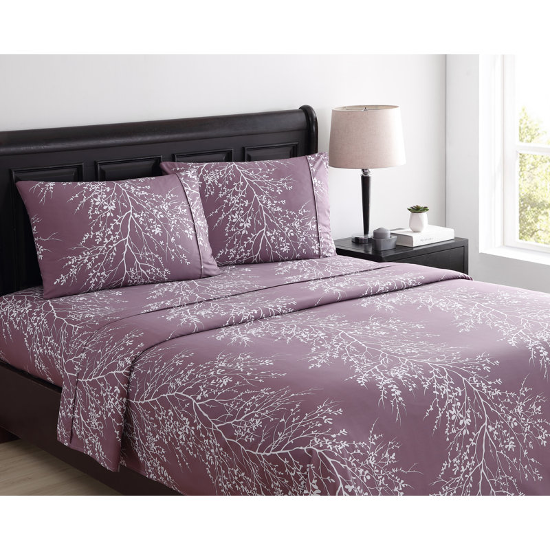 Microfiber Floral Sheet Set, King Sheet Set + 1 Fitted Sheet + 2 Pillowcases, White/Taupe