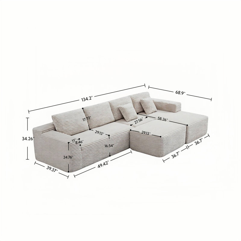 Canapé modulaire de forme basse en L de 134 po avec repose-pieds 4 places, 134 po, Beige, Orienté à droite